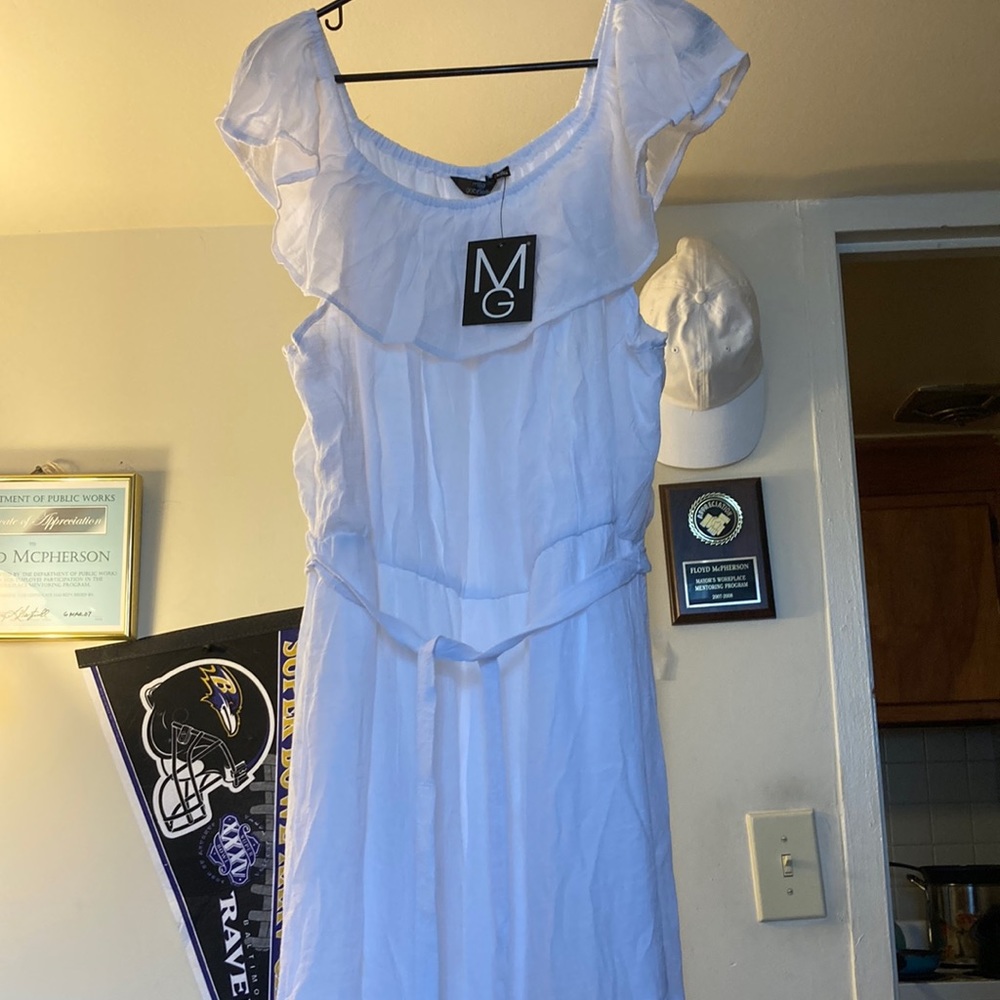 Women’s summer white dress with tie belt